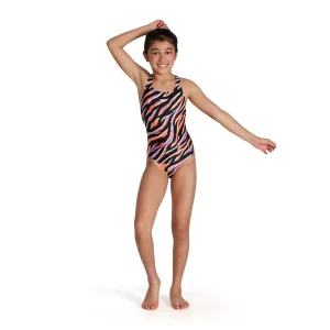 Speedo Allover-medaljör – flickor – (svart/sirenröd/Miami lila/vit)